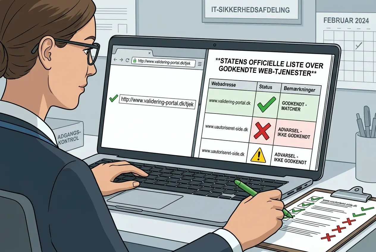 Person sammenligner webadresse med officiel liste over tilladelser